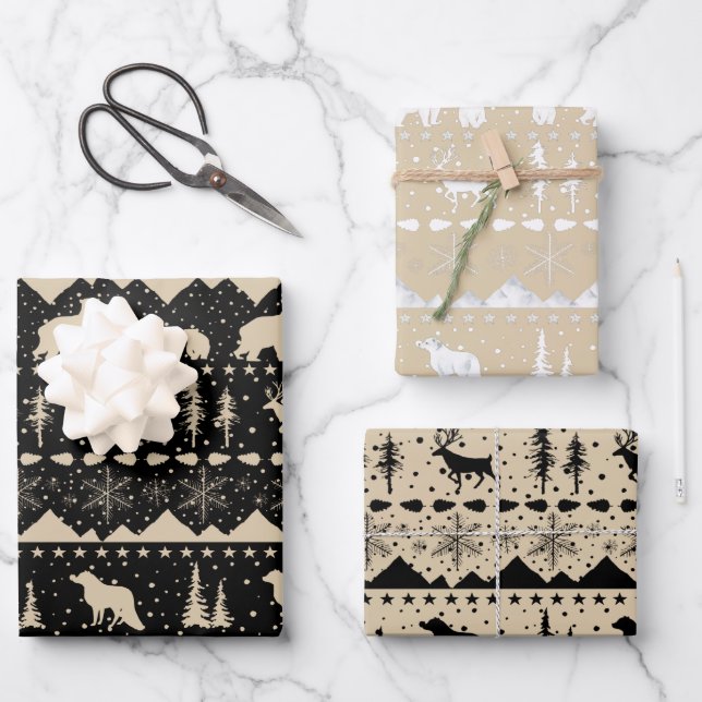 Nordic Sweater Beige Black White Winter Animals Wrapping Paper Sheet (Front)