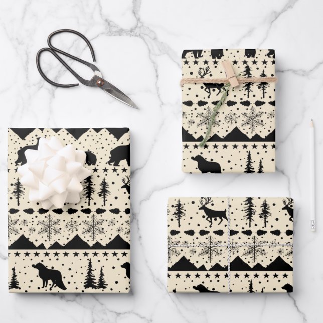 Nordic Sweater Beige Black Winter Animals Wrapping Paper Sheet (Front)
