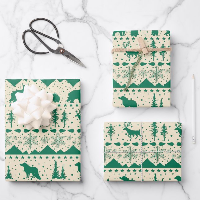 Nordic Sweater Beige Forest Green Winter Animals Wrapping Paper Sheet (Front)