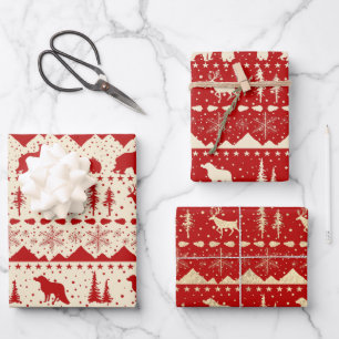 Nordic Sweater Beige & Gold Winter Animals Red Wrapping Paper Sheet