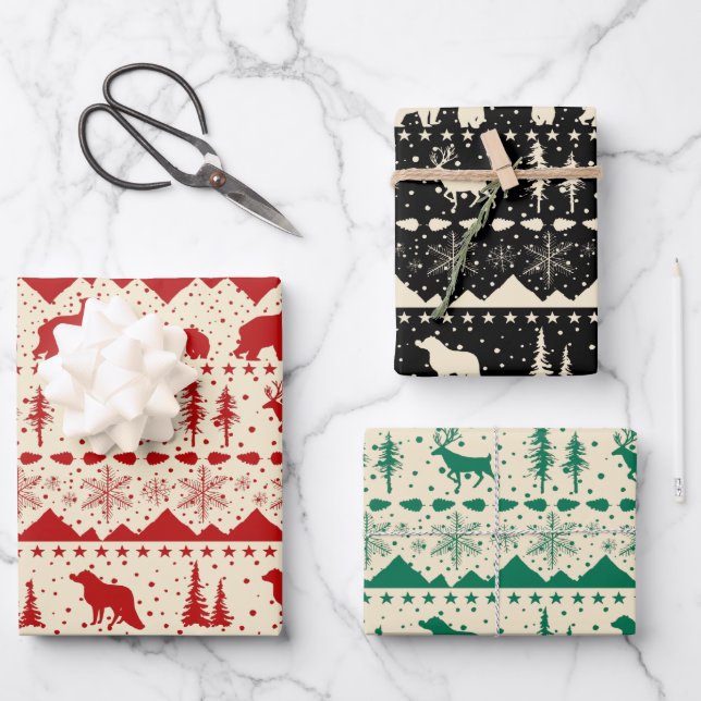 Nordic Sweater Beige Green Red Winter Animals Wrapping Paper Sheet (Front)
