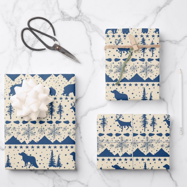 Nordic Sweater Beige Navy Blue Winter Animals Wrapping Paper Sheet (Front)