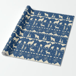 Nordic Sweater Beige Winter Animals Navy Blue Wrapping Paper