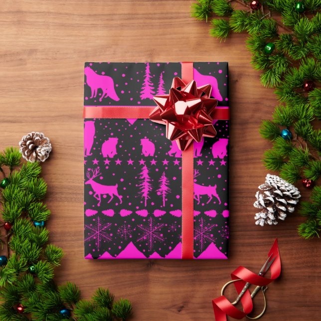 Nordic Sweater Black & Pink Fuchsia Winter Animals Wrapping Paper (Holiday Gift)