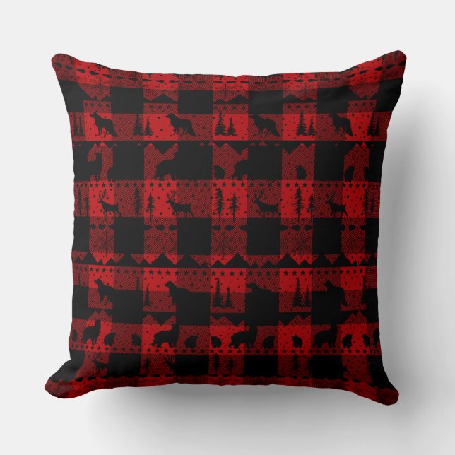 Nordic Sweater Black Winter Animals Buffalo Plaid Cushion (Front)