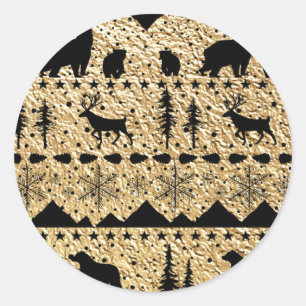 Nordic Sweater Black Winter Animals Gold Classic Round Sticker