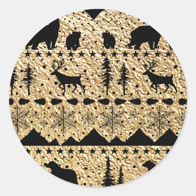 Nordic Sweater Black Winter Animals Gold Classic Round Sticker (Front)