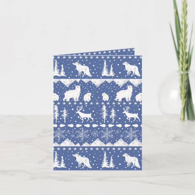Nordic Sweater Dusk Sky Blue Winter Animals Holiday Card (Front)