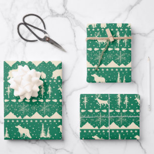 Nordic Sweater Forest Green Beige Winter Animals Wrapping Paper Sheet