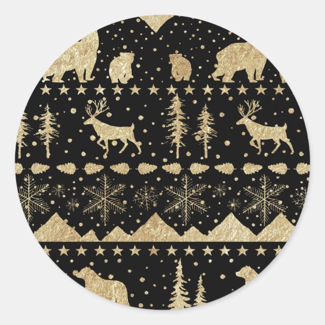 Nordic Sweater Gold Winter Animals Black Classic Round Sticker (Front)