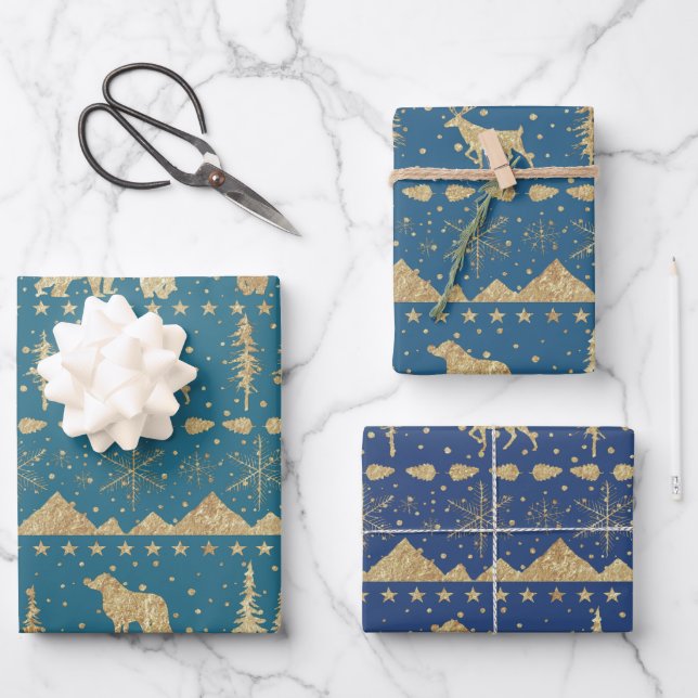 Nordic Sweater Gold Winter Animals Blue Tones Wrapping Paper Sheet (Front)
