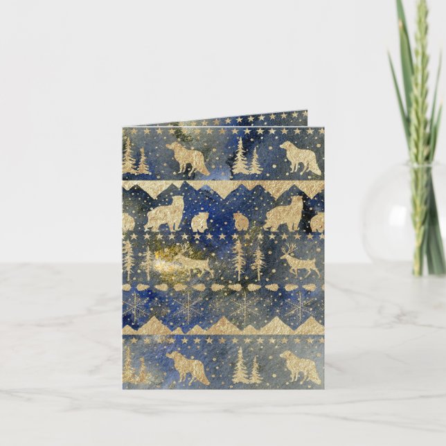 Nordic Sweater Gold Winter Animals Evening Dusk Holiday Card (Front)