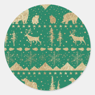 Nordic Sweater Gold Winter Animals Forest Green Classic Round Sticker