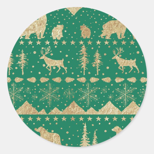 Nordic Sweater Gold Winter Animals Forest Green Classic Round Sticker (Front)
