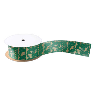 Nordic Sweater Gold Winter Animals Forest Green Satin Ribbon