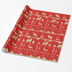 Nordic Sweater Gold Winter Animals Holiday Red Wrapping Paper