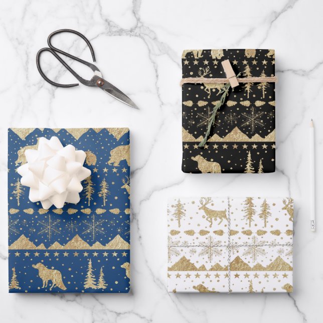 Nordic Sweater Gold Winter Animals Mixed Colour Wrapping Paper Sheet (Front)
