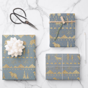 Nordic Sweater Gold Winter Animals Muted Blue Grey Wrapping Paper Sheet