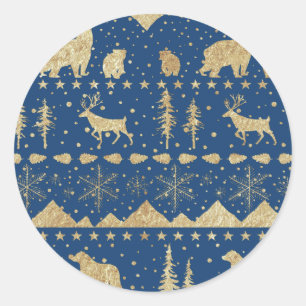 Nordic Sweater Gold Winter Animals Navy Blue Classic Round Sticker
