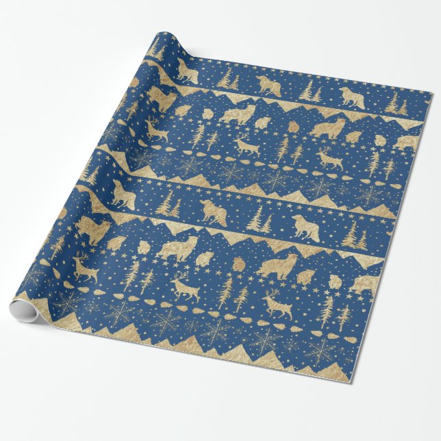 Nordic Sweater Gold Winter Animals Navy Blue Wrapping Paper (Unrolled)