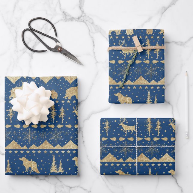 Nordic Sweater Gold Winter Animals Navy Blue Wrapping Paper Sheet (Front)