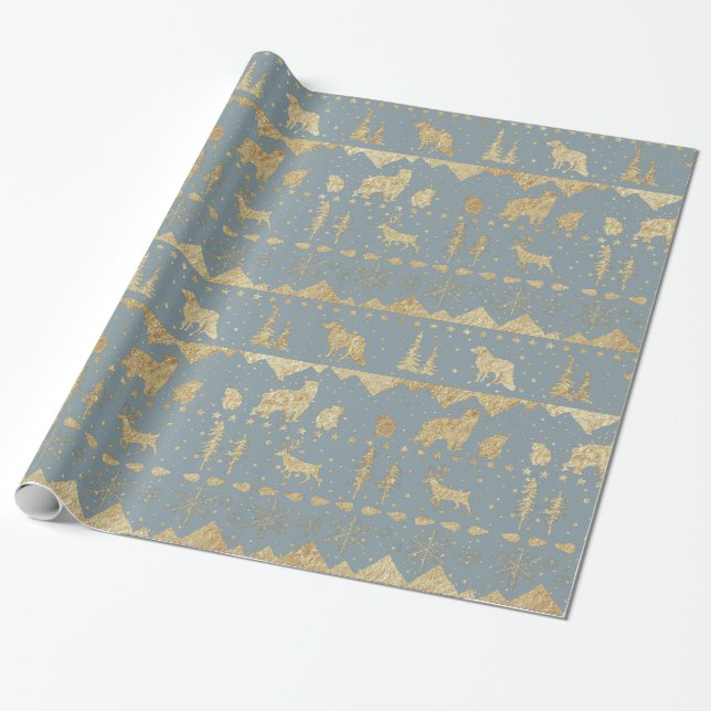 Nordic Sweater Gold Winter Animals Teal Grey Wrapping Paper (Unrolled)