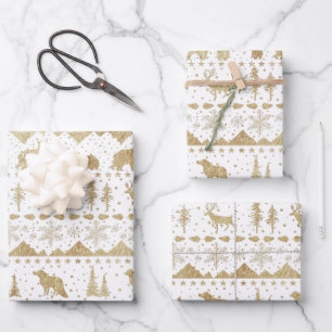 Nordic Sweater Gold Winter Animals White Wrapping Paper Sheet