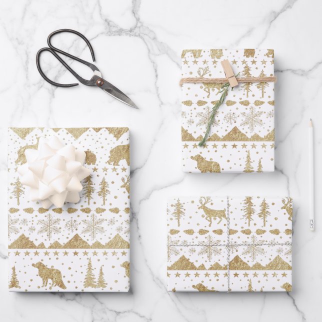 Nordic Sweater Gold Winter Animals White Wrapping Paper Sheet (Front)