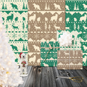 Nordic Sweater Green Beige Kraft Winter Animals Wrapping Paper Sheet