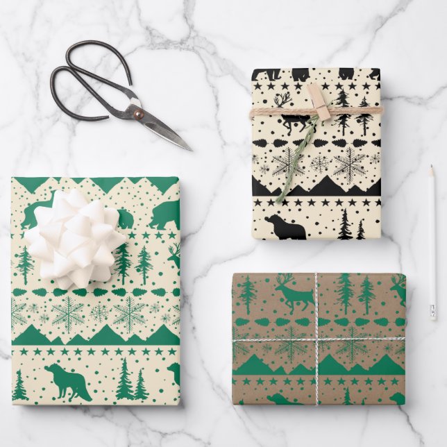 Nordic Sweater Green Black Beige Winter Animals Wrapping Paper Sheet (Front)
