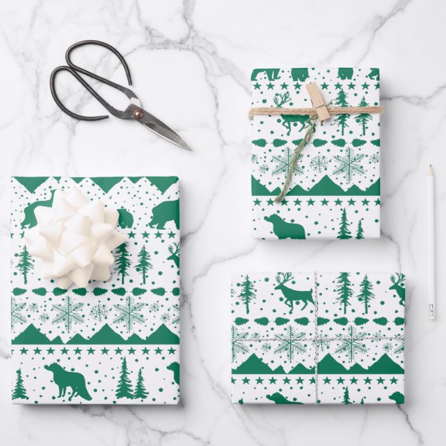 Nordic Sweater Green Winter Animals White Wrapping Paper Sheet (Front)