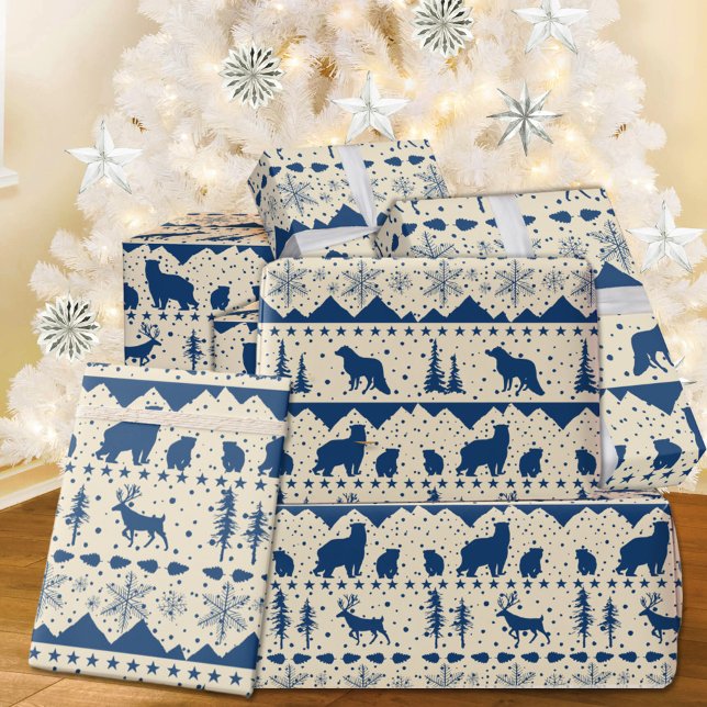 Nordic Sweater Navy Blue Winter Animals Beige Wrapping Paper (Nordic Sweater Creamy White & Blue Winter Animals Christmas Holiday Wrapping Paper Rolls)
