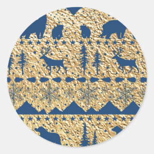 Nordic Sweater Navy Blue Winter Animals Gold Classic Round Sticker