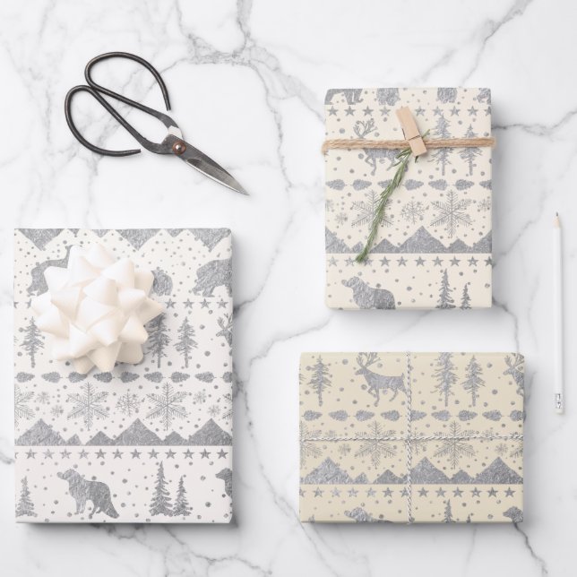 Nordic Sweater Neutral Beige Silver Winter Animals Wrapping Paper Sheet (Front)