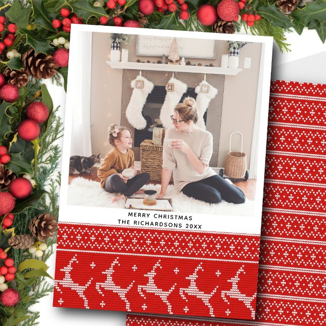 Nordic Sweater Red Pattern | Flying Reindeer Holiday Card (Creator Uploaded)