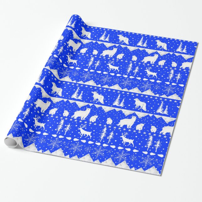 Nordic Sweater Royal Blue & White Winter Animals Wrapping Paper (Unrolled)