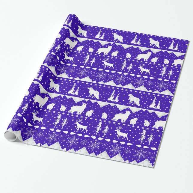 Nordic Sweater Royal Purple White Winter Animals Wrapping Paper (Unrolled)