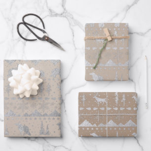 Nordic Sweater Rustic Kraft Silver Winter Animals Wrapping Paper Sheet
