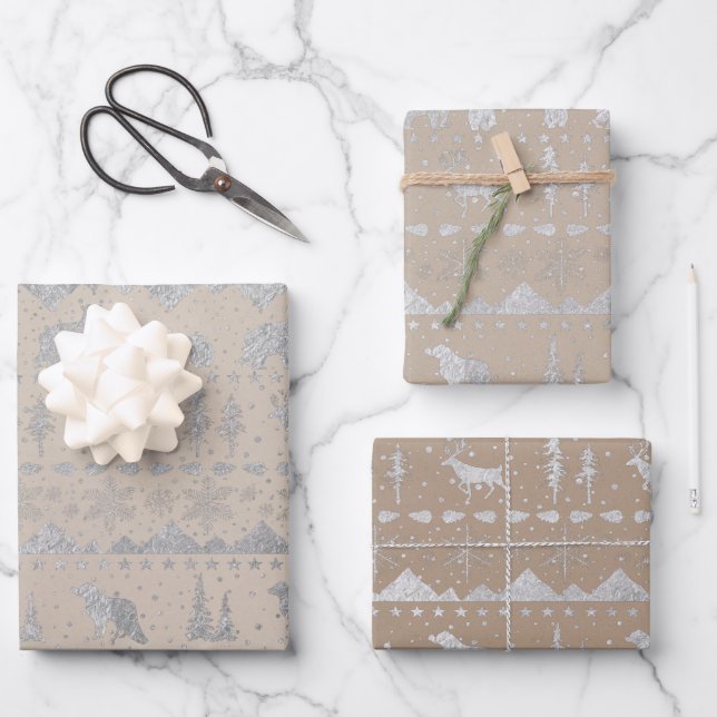 Nordic Sweater Rustic Kraft Silver Winter Animals Wrapping Paper Sheet (Front)