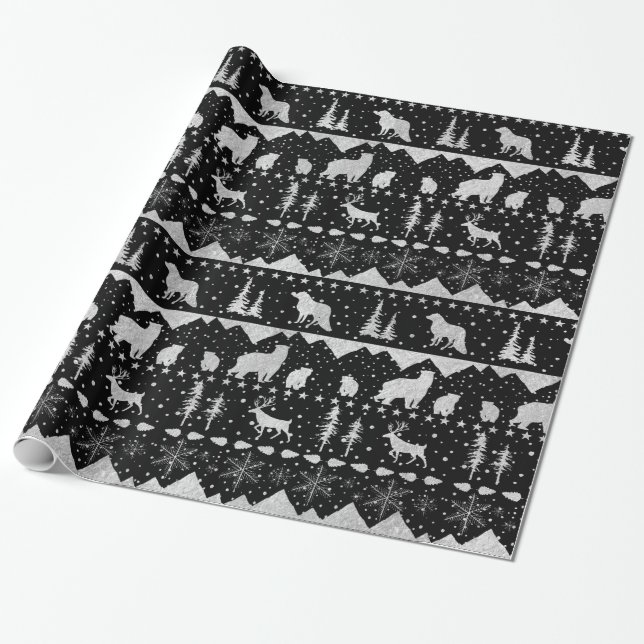 Nordic Sweater Silver Winter Animals Black Wrapping Paper (Unrolled)