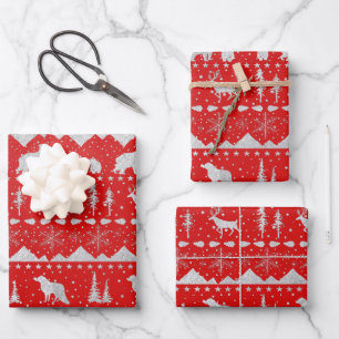 Nordic Sweater Silver Winter Animals Holiday Red Wrapping Paper Sheet