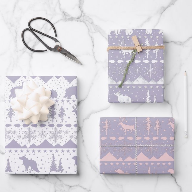 Nordic Sweater White Pink Purple Winter Animals Wrapping Paper Sheet (Front)