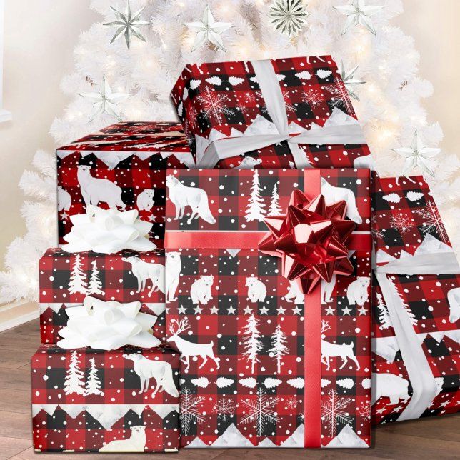 Nordic Sweater White Red Plaid Winter Animals Wrapping Paper (Nordic Sweater Red Black Buffalo Plaid White Winter Animals Christmas Holiday Wrapping Paper Rolls)