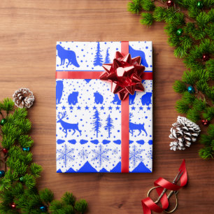 Nordic Sweater White & Royal Blue Winter Animals Wrapping Paper