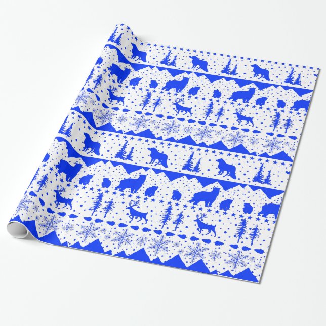 Nordic Sweater White & Royal Blue Winter Animals Wrapping Paper (Unrolled)