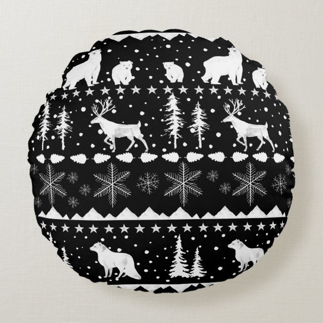 Nordic Sweater White Winter Animals Black Round Cushion (Front)