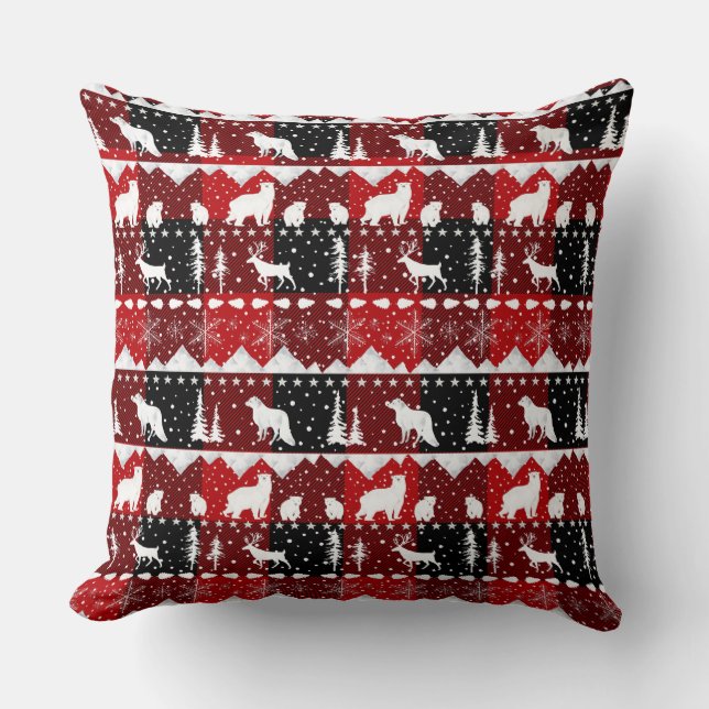 Nordic Sweater White Winter Animals Buffalo Plaid Cushion (Front)