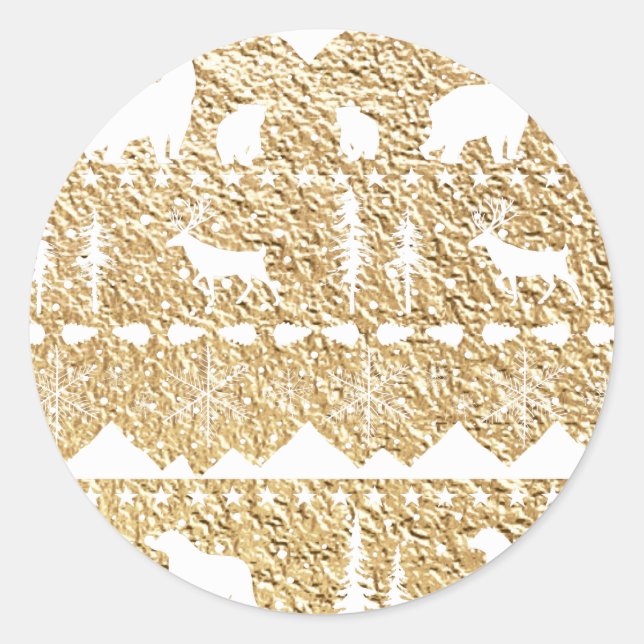 Nordic Sweater White Winter Animals Gold Classic R Classic Round Sticker (Front)