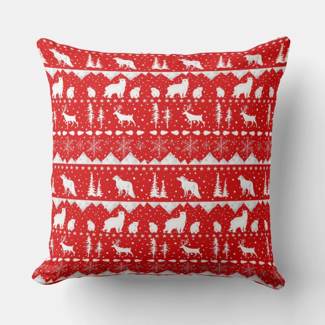 Nordic Sweater White Winter Animals Holiday Red Th Cushion (Front)