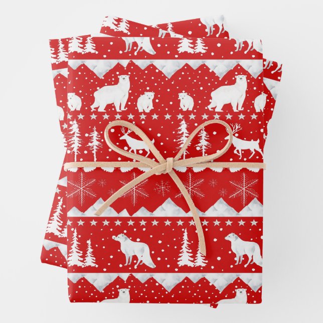 Nordic Sweater White Winter Animals Holiday Red Wrapping Paper Sheet (In situ)